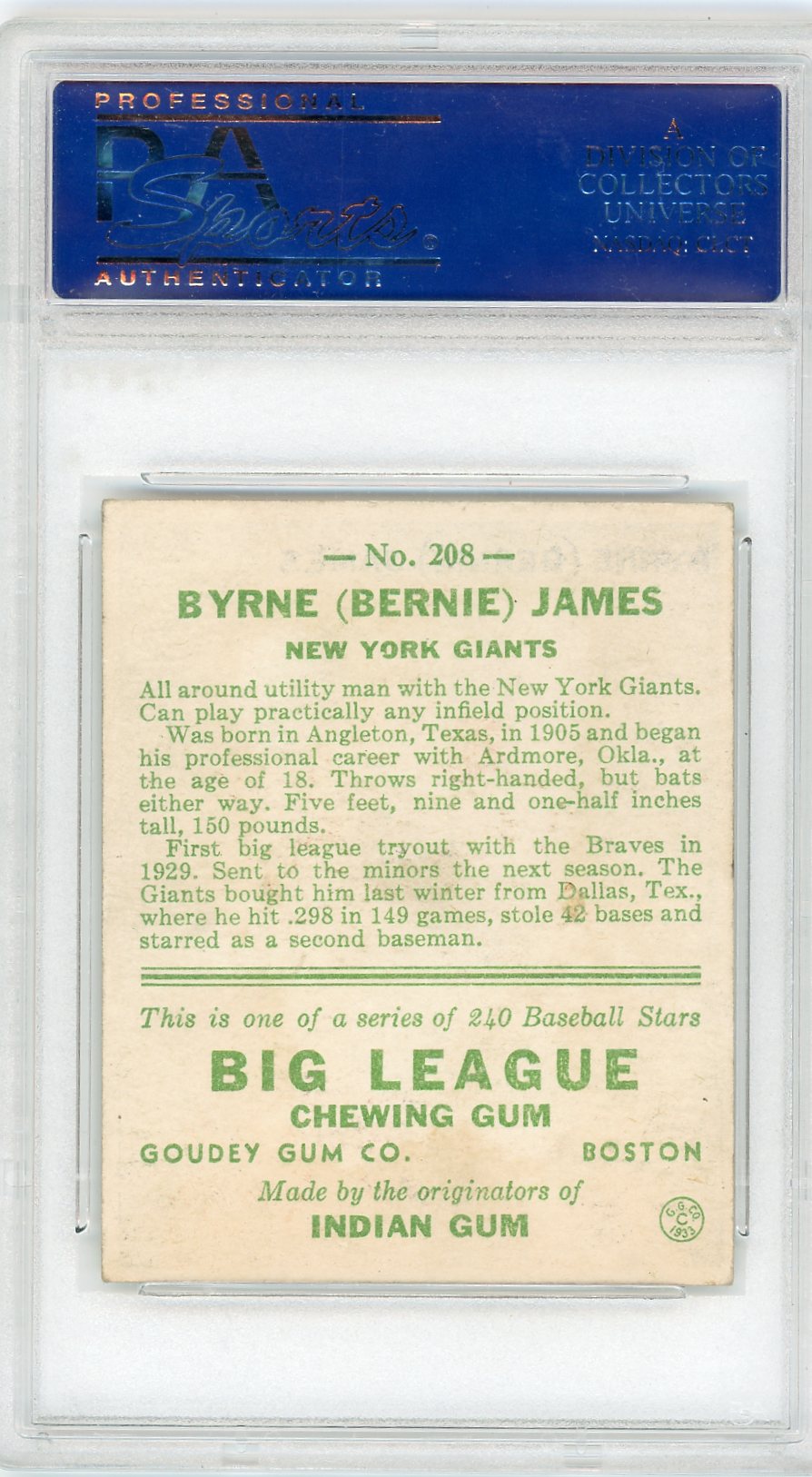 1933 Goudey Bernie James #208 PSA 4