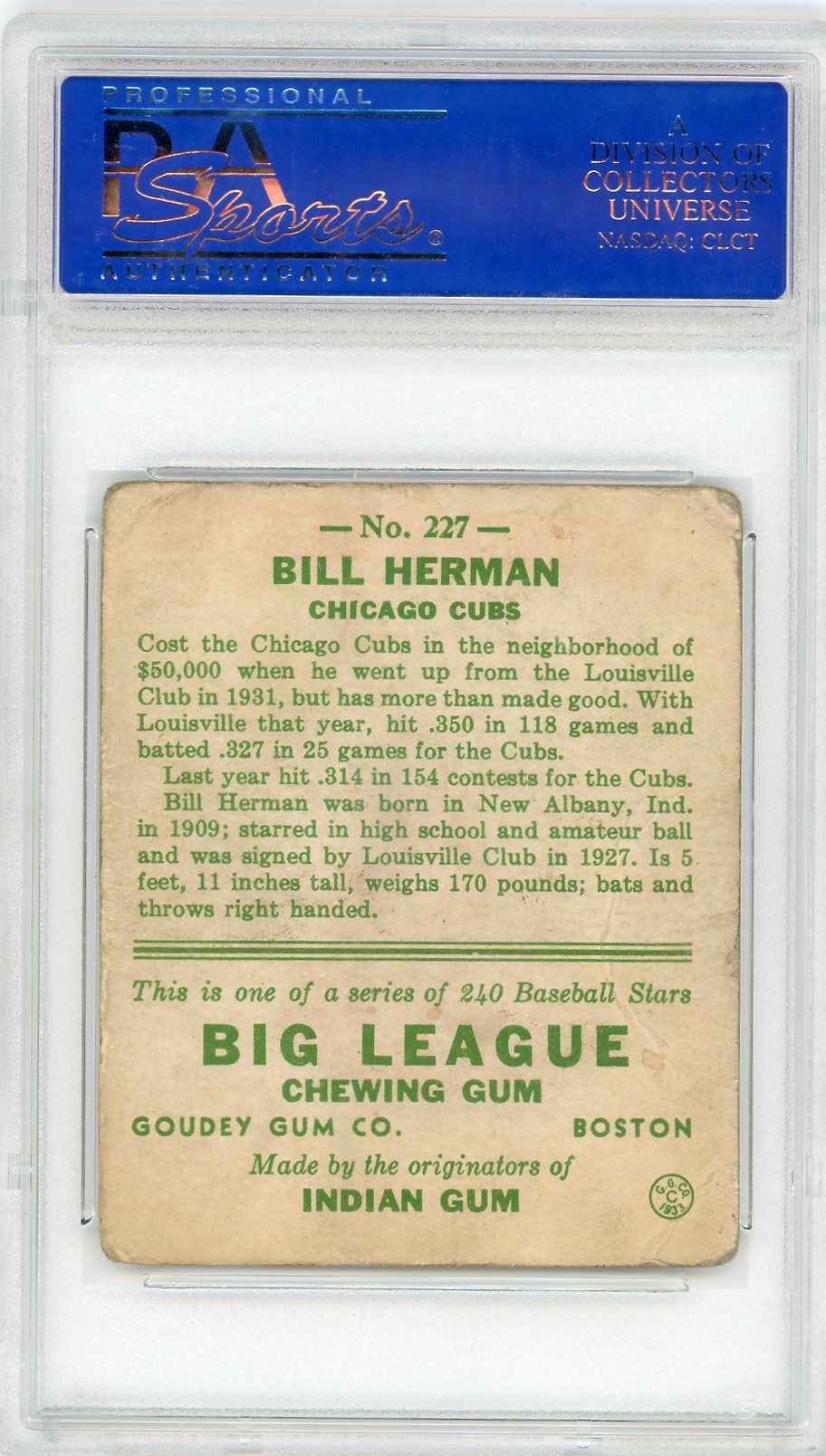 1933 Goudey Bill Herman #227 PSA 2