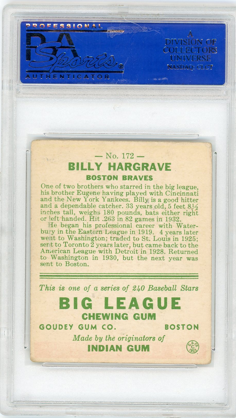 1933 Goudey Billy Hargrave #172 PSA 3