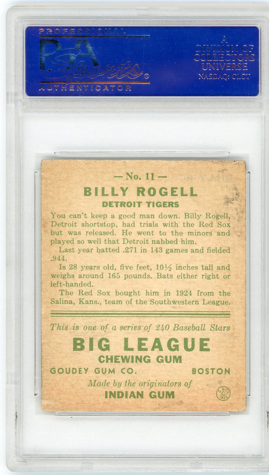 1933 Goudey Billy Rogell #11 PSA 4