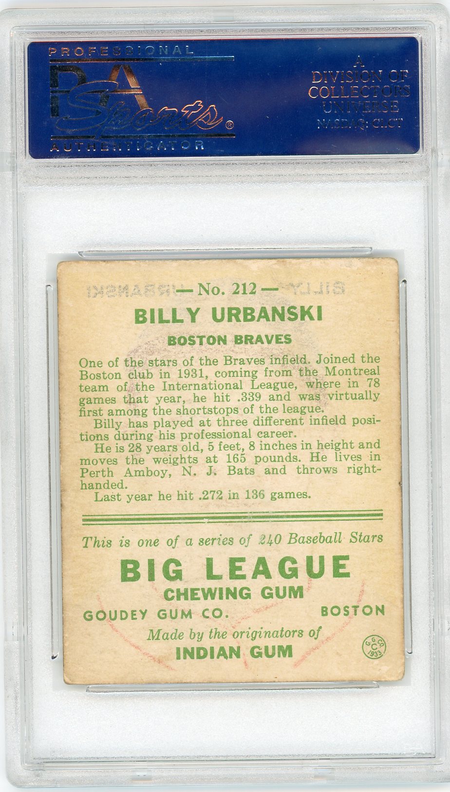 1933 Goudey Billy Urbanski #212 PSA 4