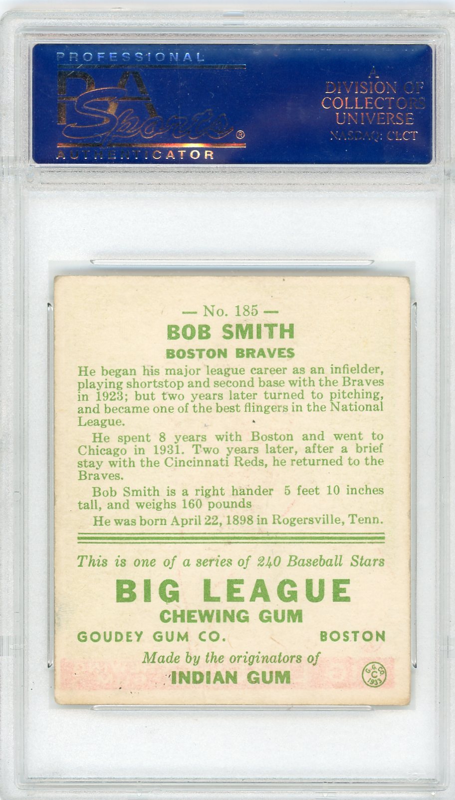 1933 Goudey Bob Smith #185 PSA 3