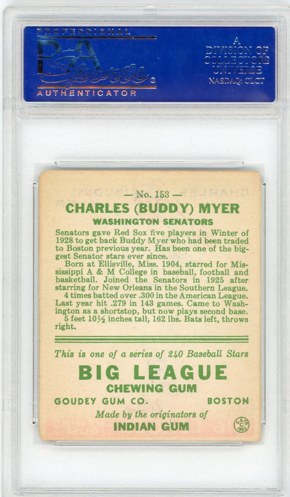 1933 Goudey Buddy Myer #153 PSA 3