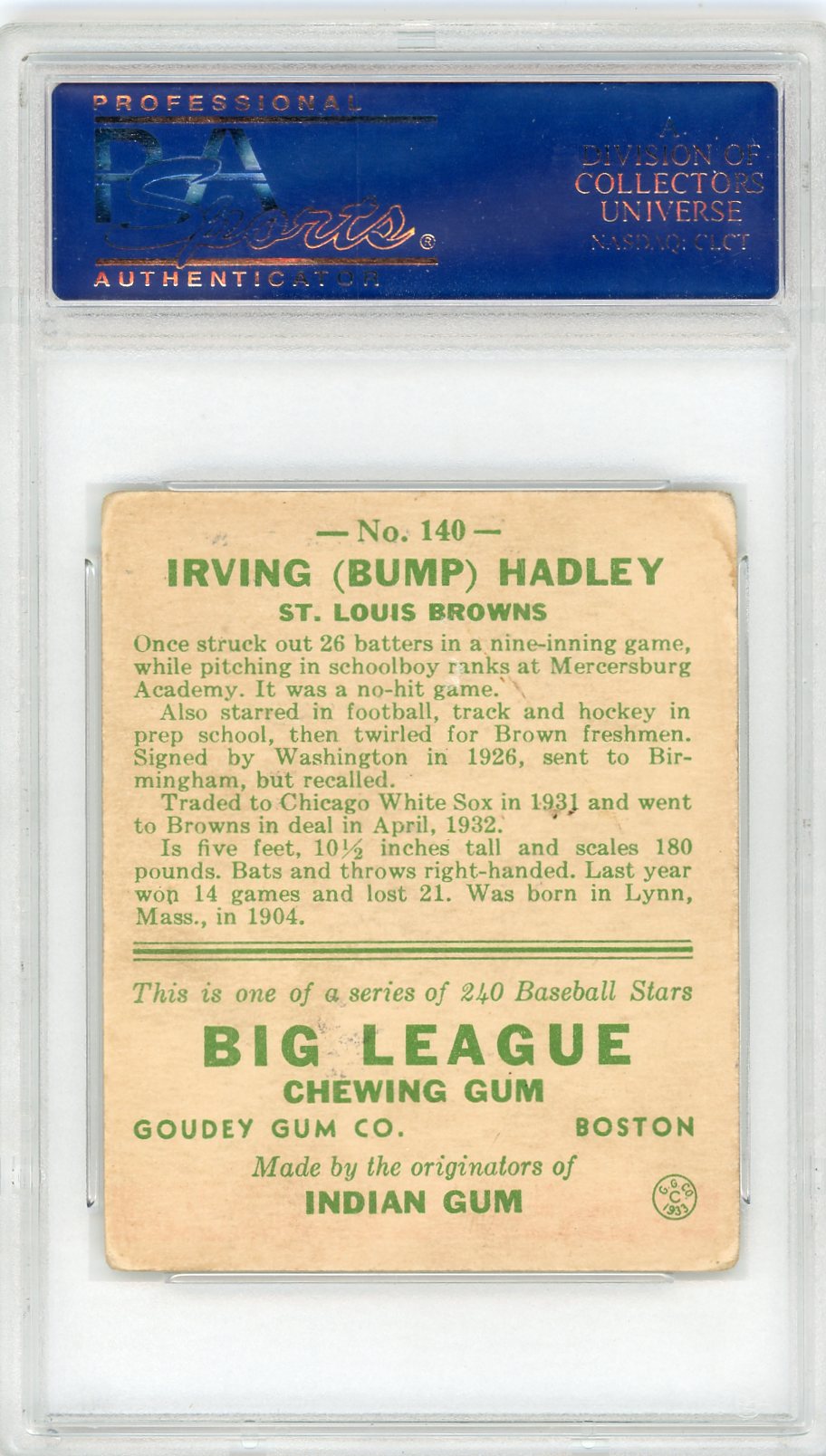 1933 Goudey Bump Hadley #140 PSA 4