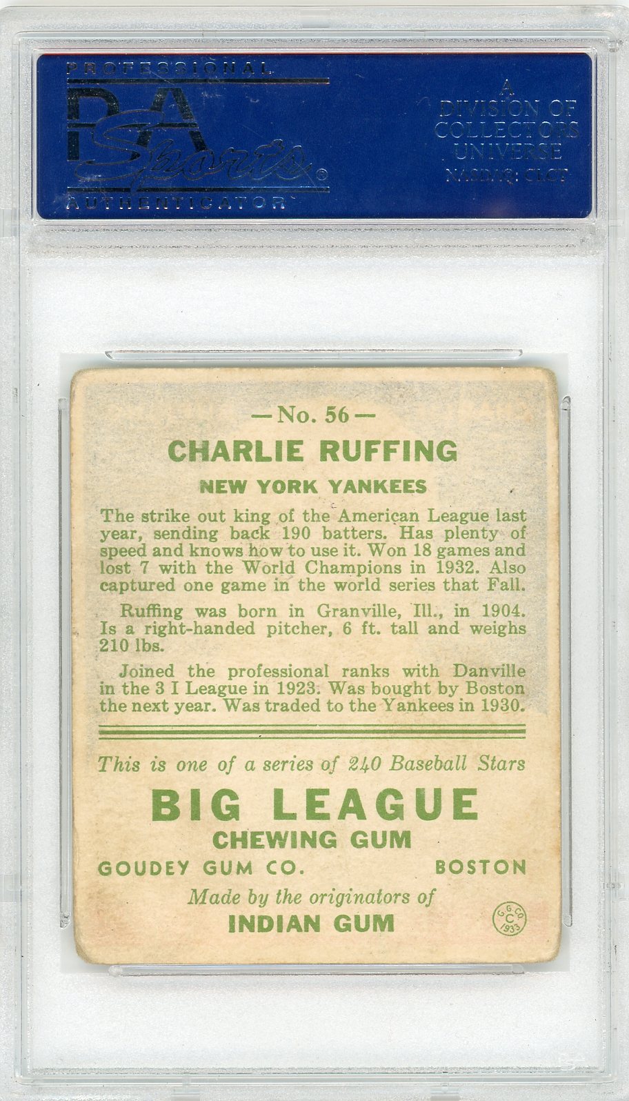 1933 Goudey Charlie Ruffing #56 PSA 3