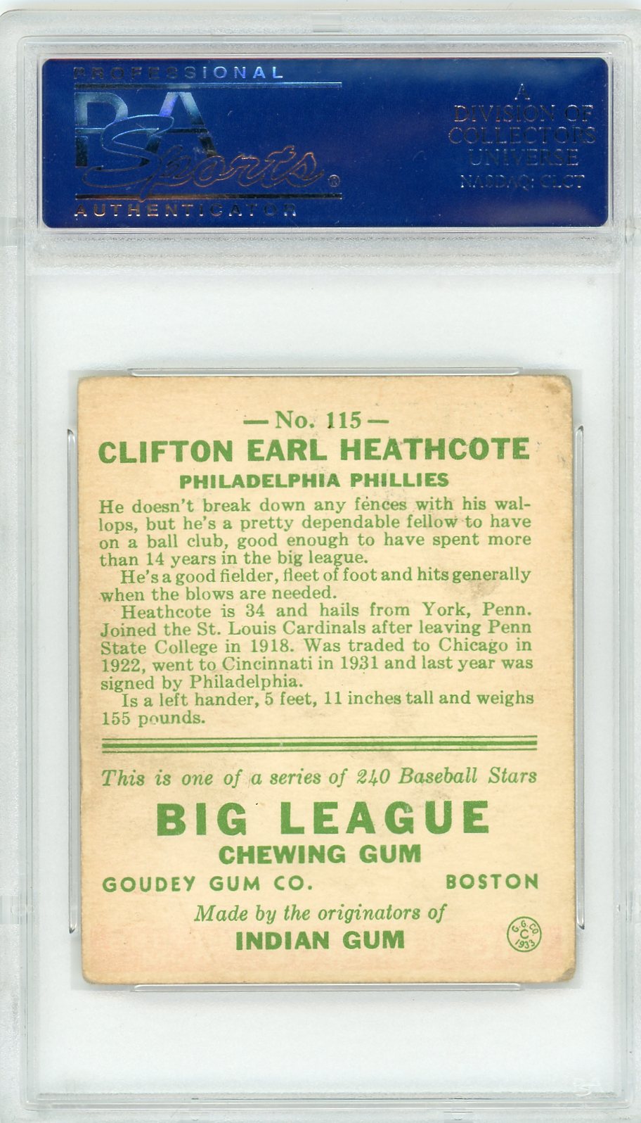 1933 Goudey Cliff Heathcote #115 PSA 3