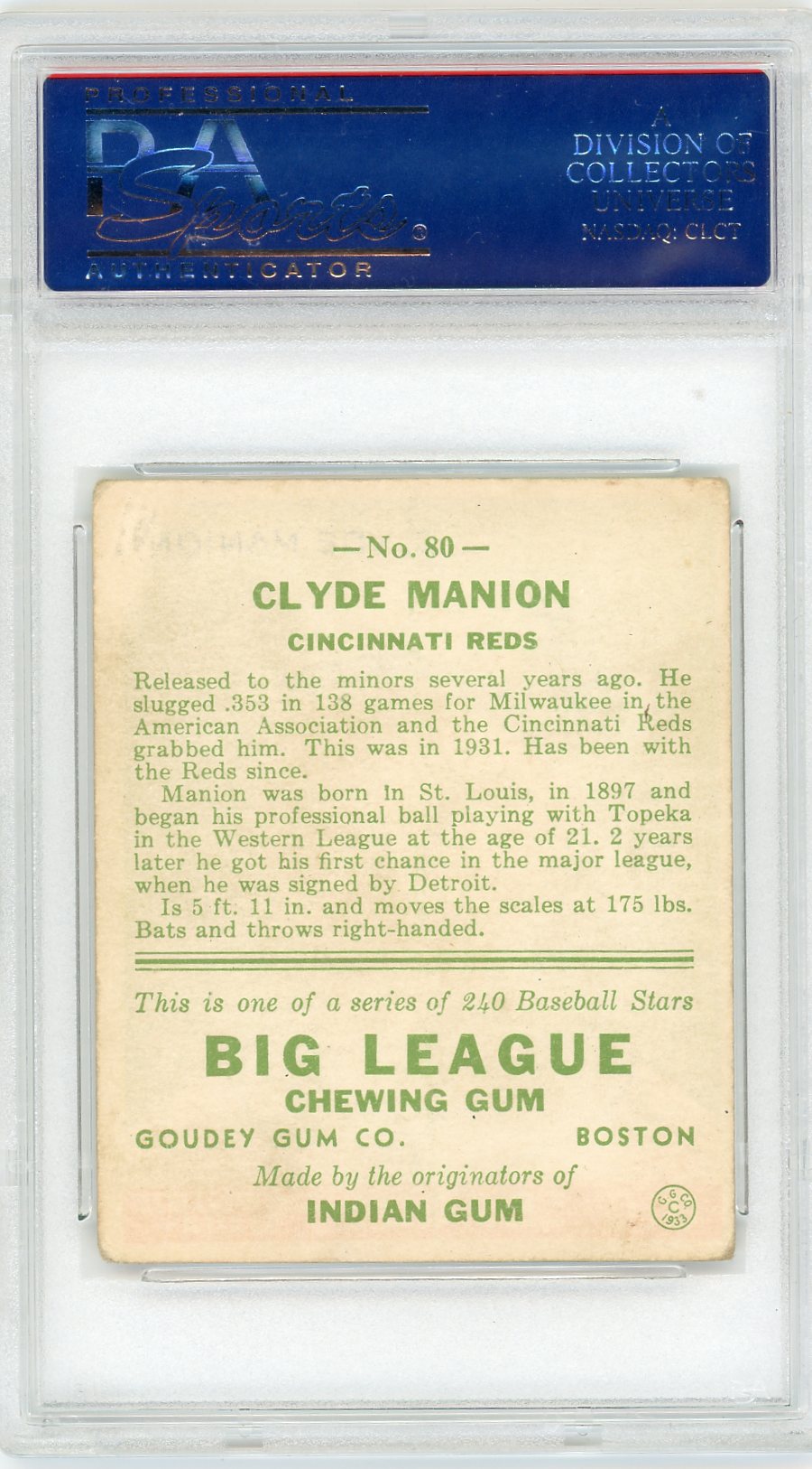 1933 Goudey Clyde Manion #80 PSA 3 MK