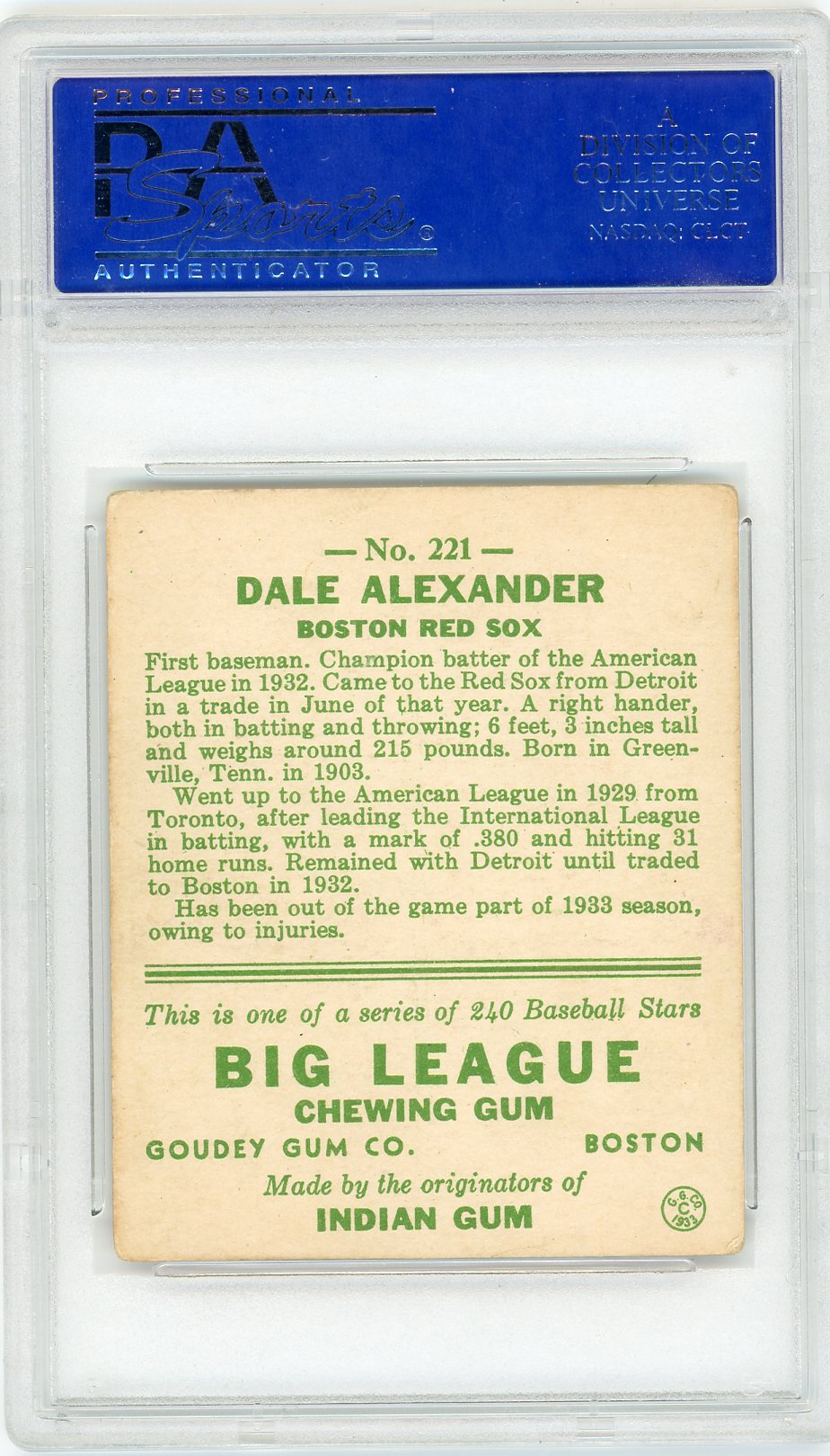 1933 Goudey Dale Alexander #221 PSA 3