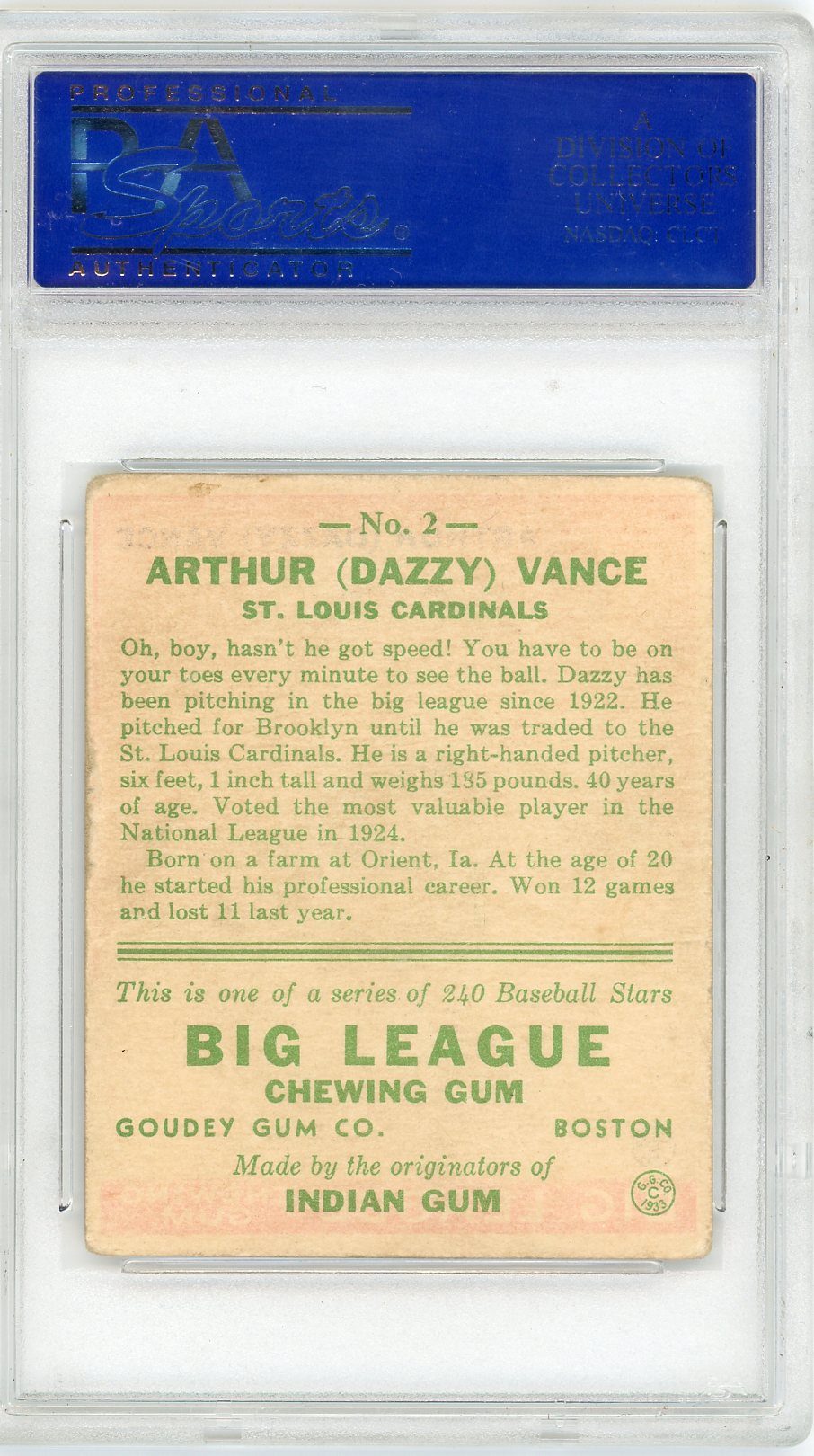 1933 Goudey Dazzy Vance #2 PSA 2
