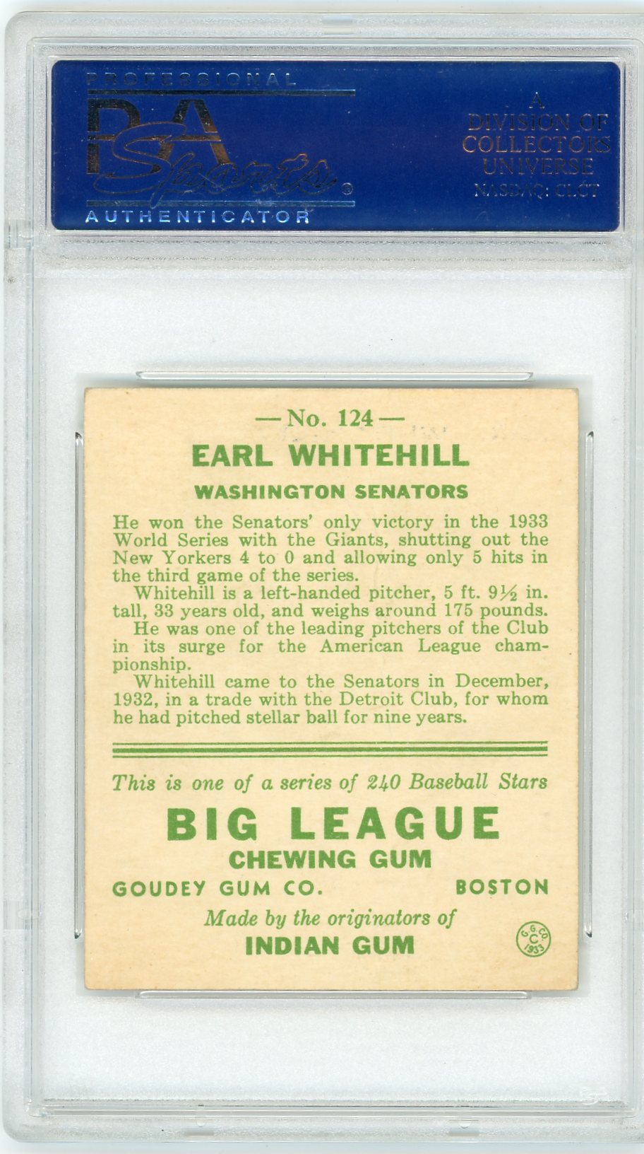1933 Goudey Earl Whitehill #124 PSA 3
