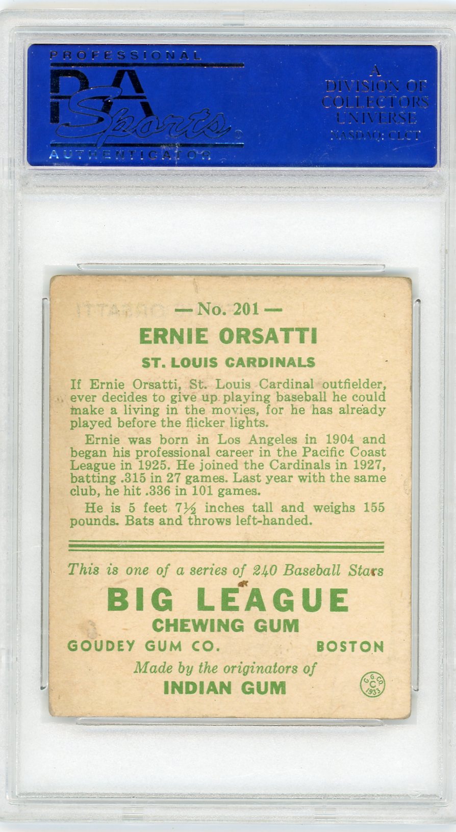 1933 Goudey Ernie Orsatti #201 PSA 4