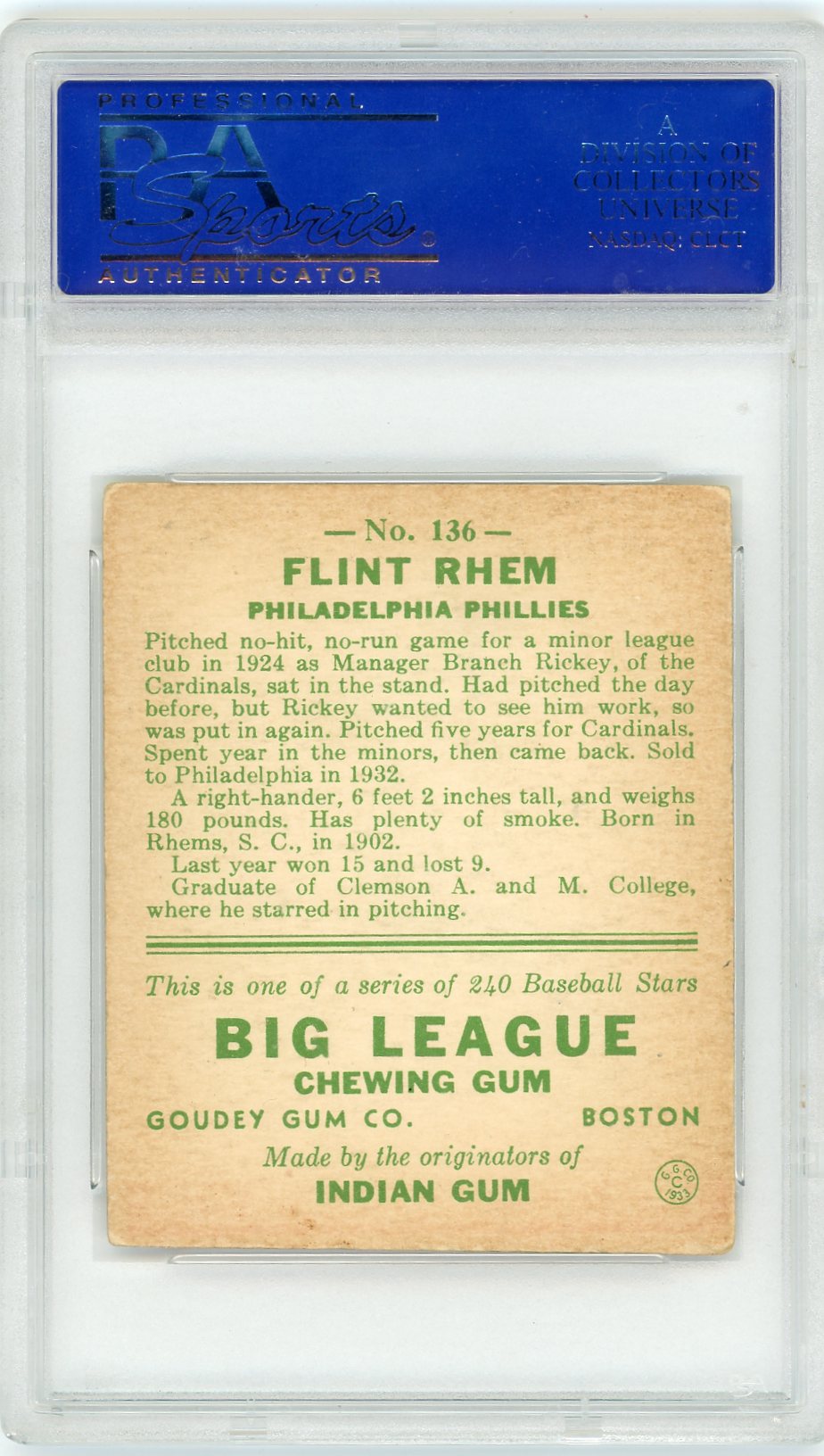 1933 Goudey Flint Rhem #136 PSA 4