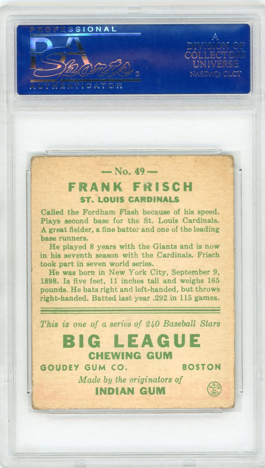 1933 Goudey Frank Frisch #49 PSA 3