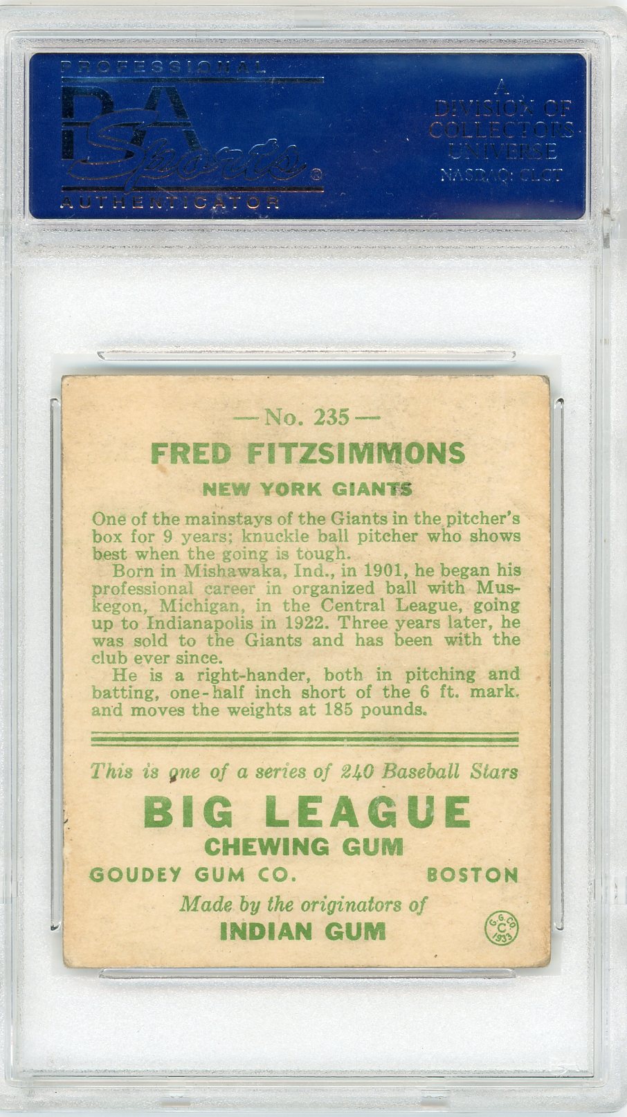 1933 Goudey Fred Fitzsimmons #235 PSA 3