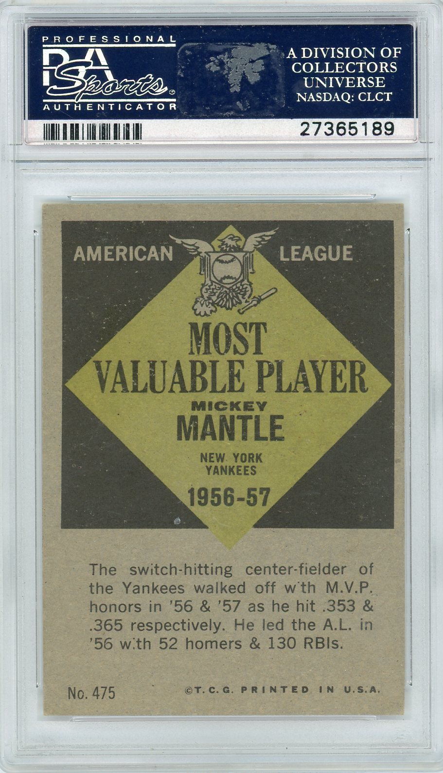 1961 Topps Mickey Mantle #475 MVP PSA 5