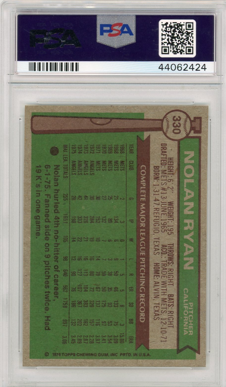 1976 Topps Nolan Ryan #330 PSA 8