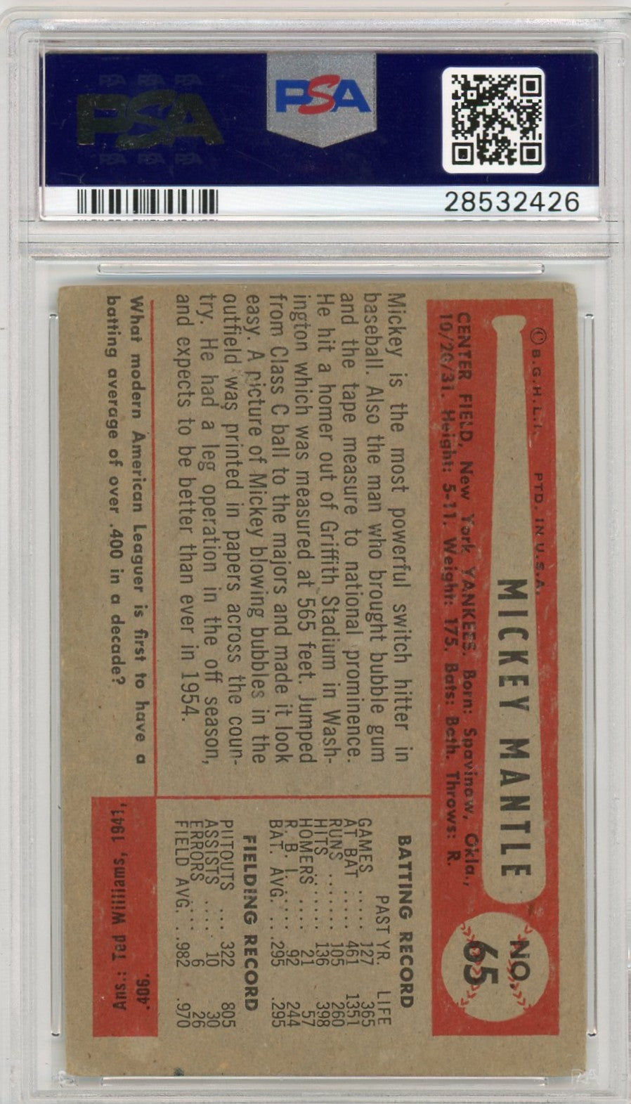 1954 Bowman Mickey Mantle #65 PSA 2