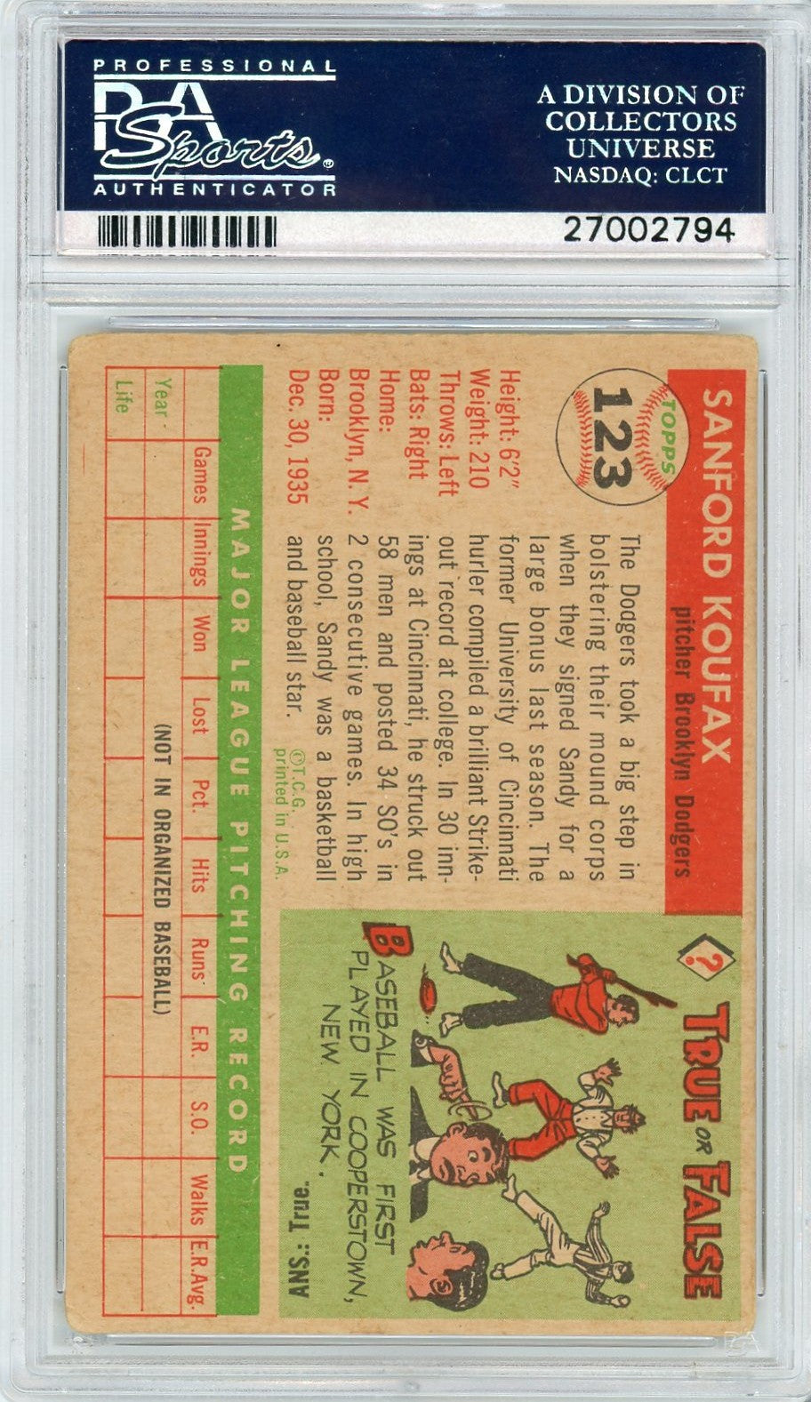 1955 Topps Sandy Koufax #123 PSA 3