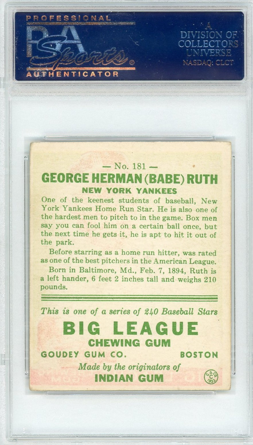 1933 Goudey Babe Ruth #181 PSA 4