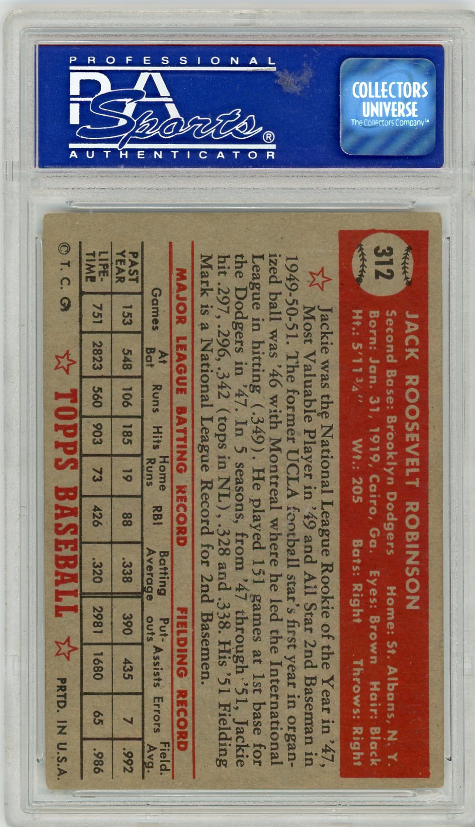 1952 Topps Jackie Robinson #312 PSA 3