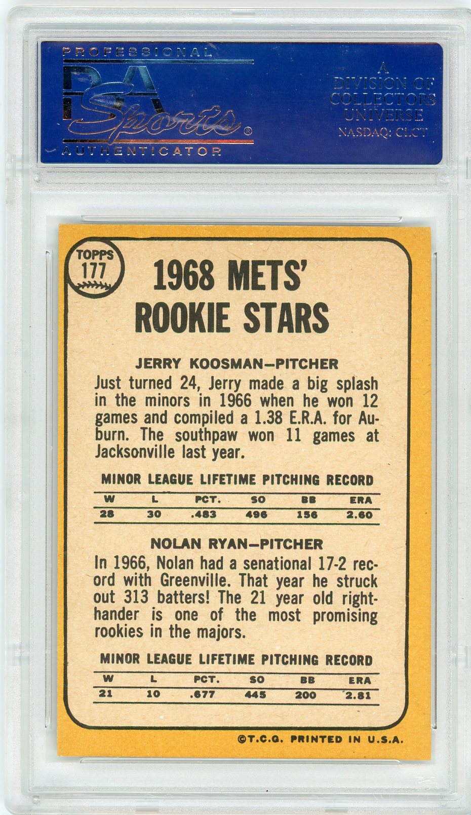 1968 Topps Mets Rookies #177 J. Koosman N. Ryan PSA 7