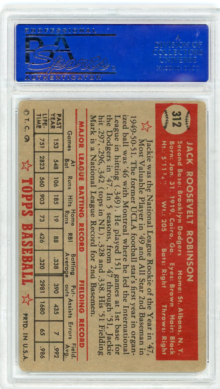 1952 Topps Jackie Robinson #312 PSA 3
