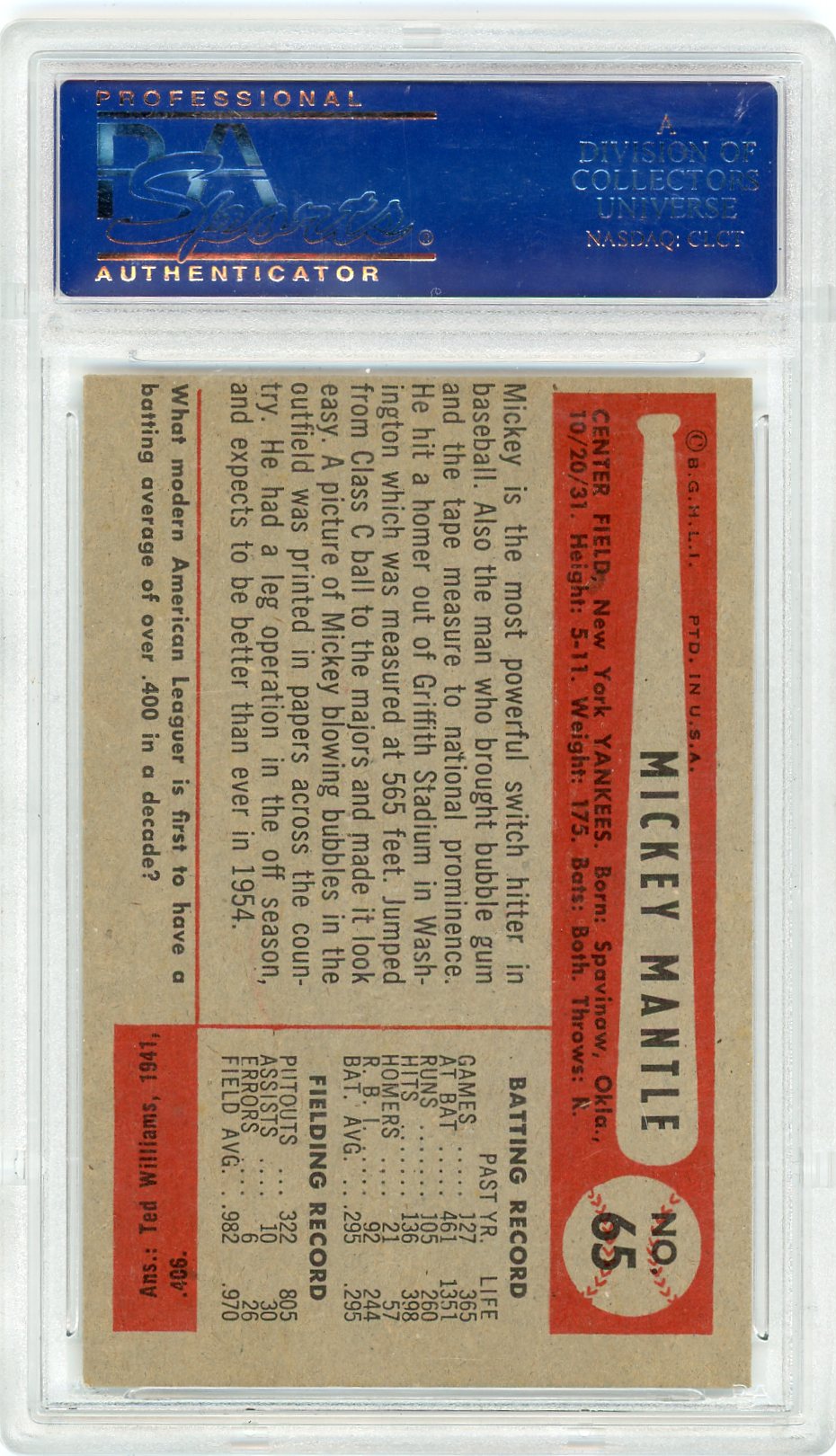 1954 Bowman Mickey Mantle #65 PSA 6