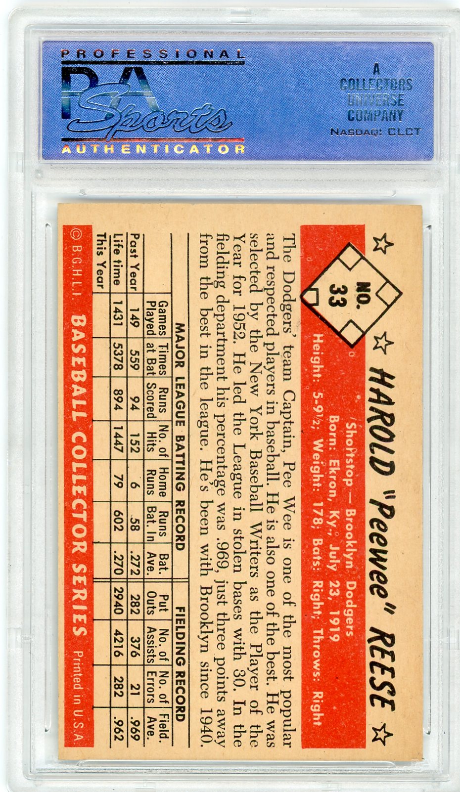 1953 Bowman Color Pee Wee Reese #33 PSA 8