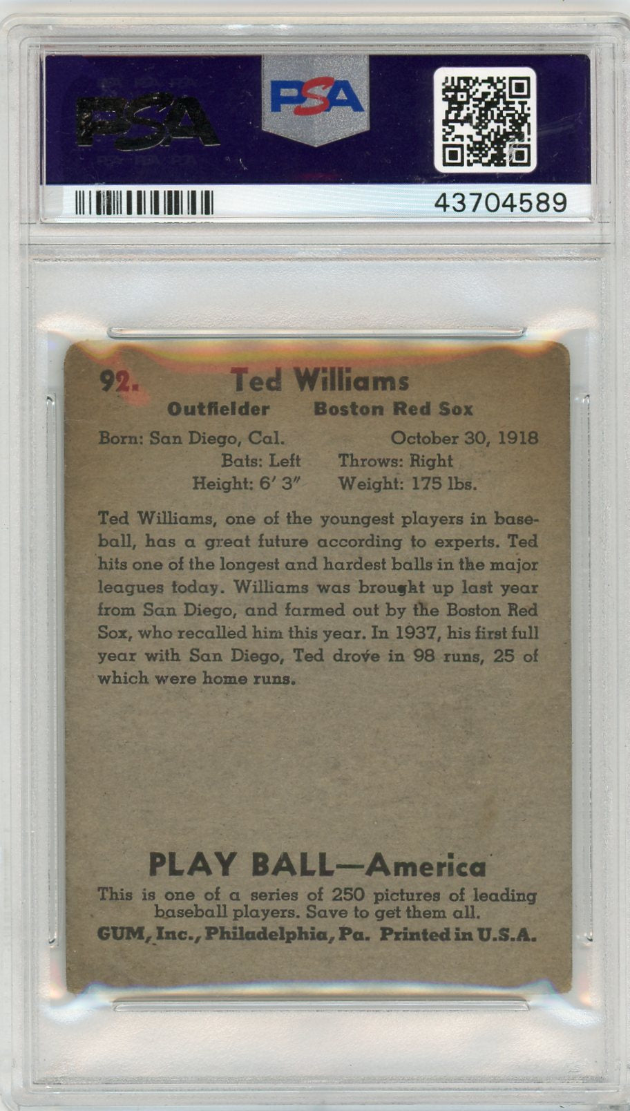1939 Play Ball Ted Williams #92 PSA 2.5