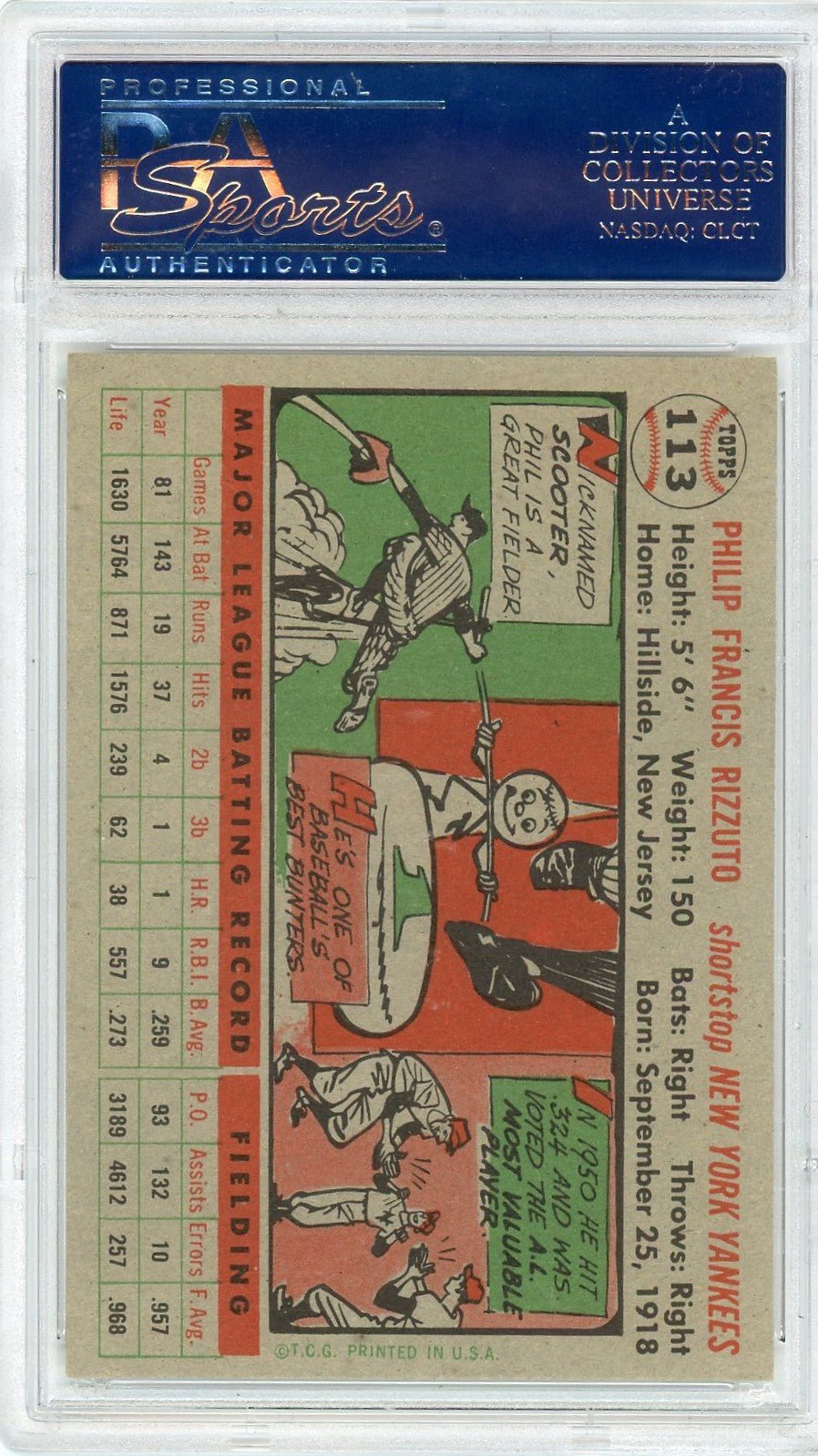 1956 Topps Phil Rizzuto #113 Gray Back PSA 9