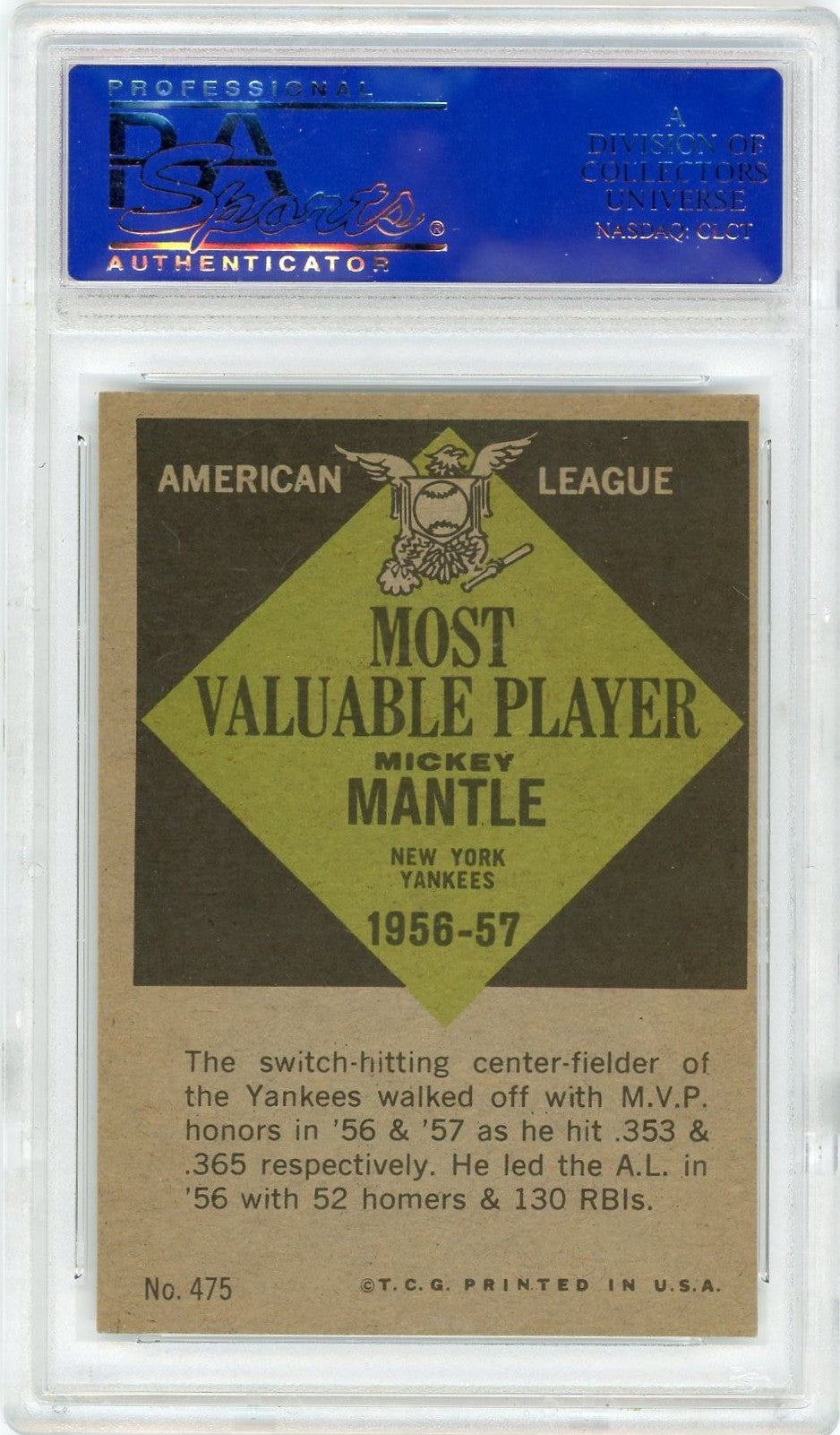 1961 Topps Mickey Mantle #475 MVP PSA 8