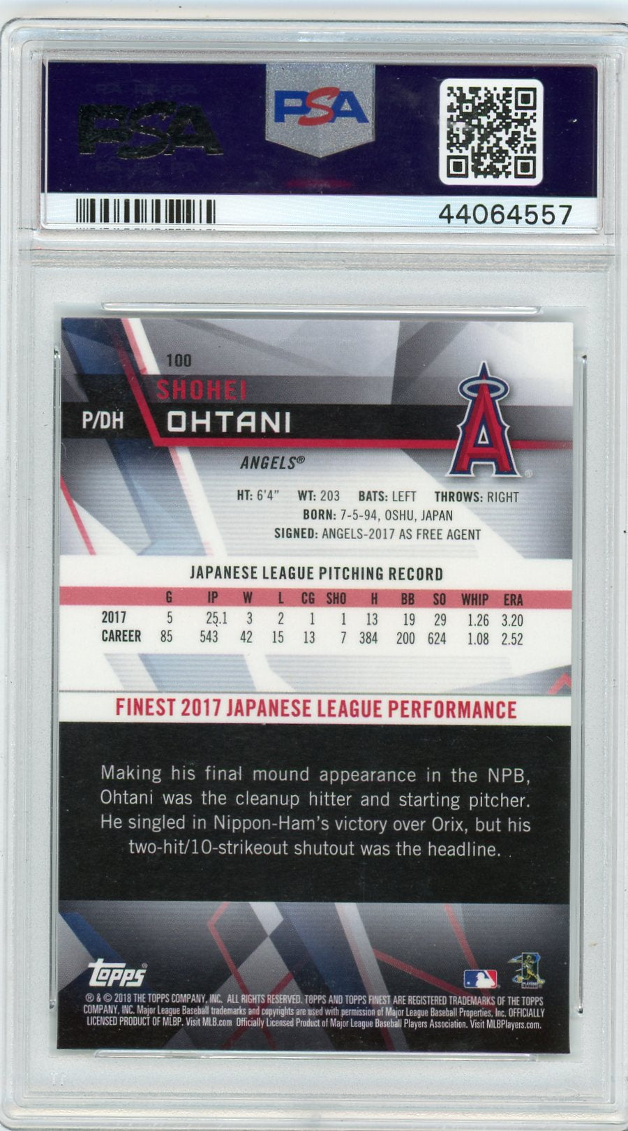 2018 Finest Shohei Ohtani #100 PSA 10