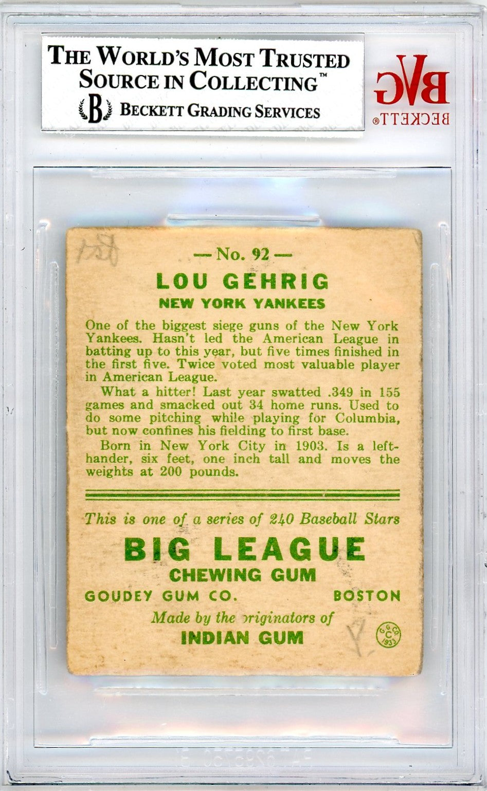 1933 Goudey Lou Gehrig #92 BVG 3.5 Rookie
