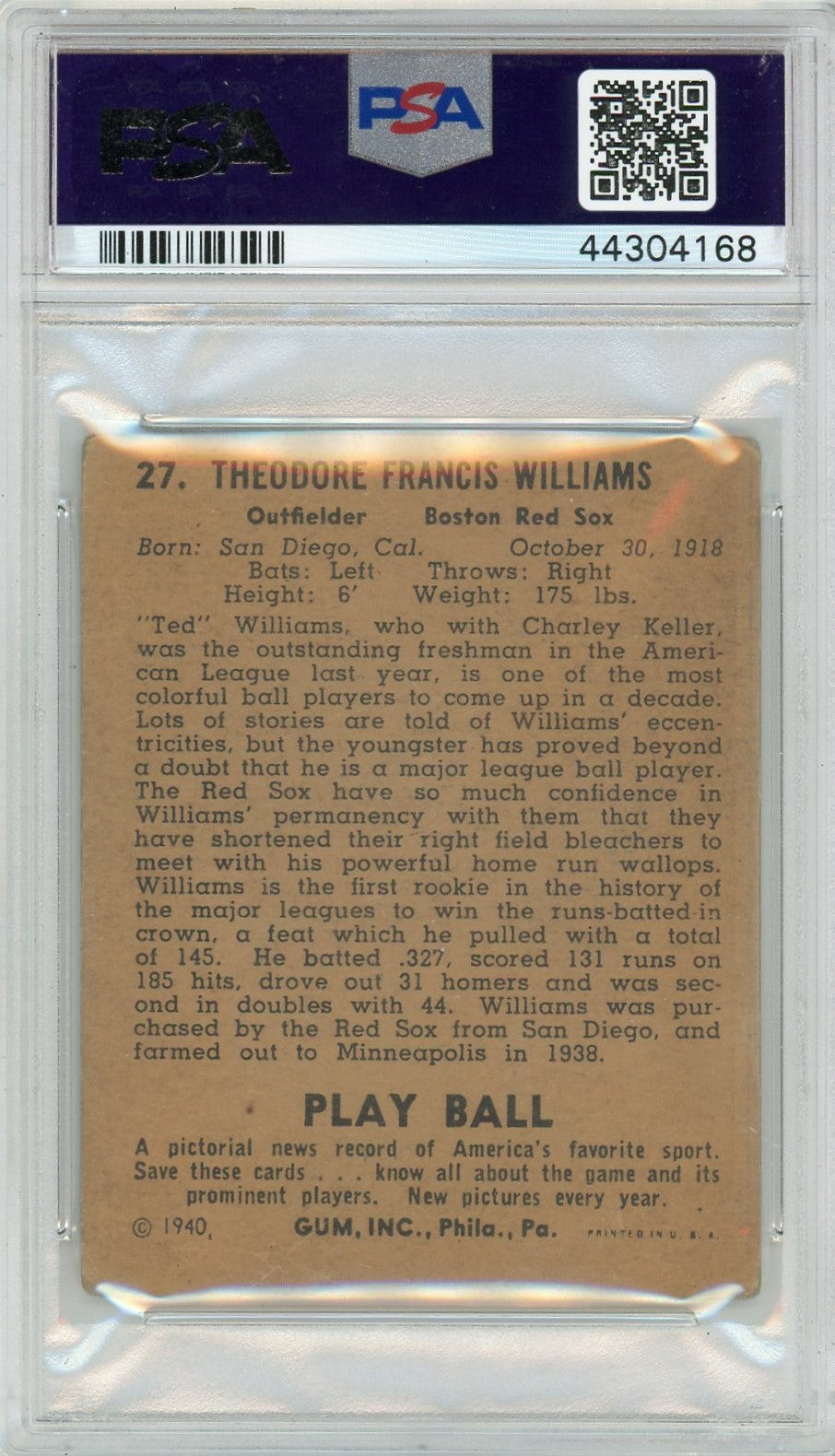 1940 Play Ball Ted Williams #27 PSA 3 MC
