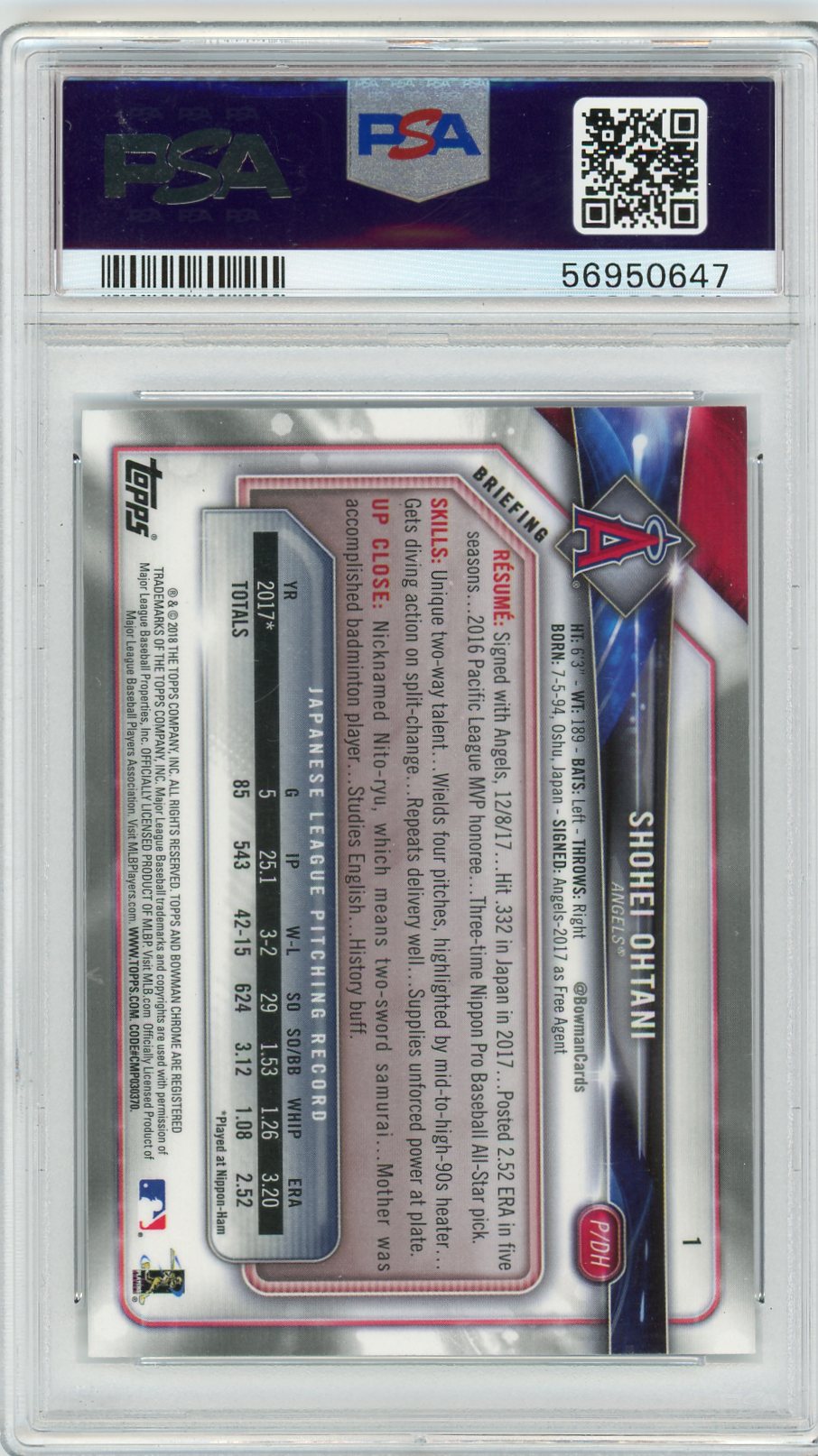 2018 Bowman Chrome Shohei Ohtani #1 PSA 10