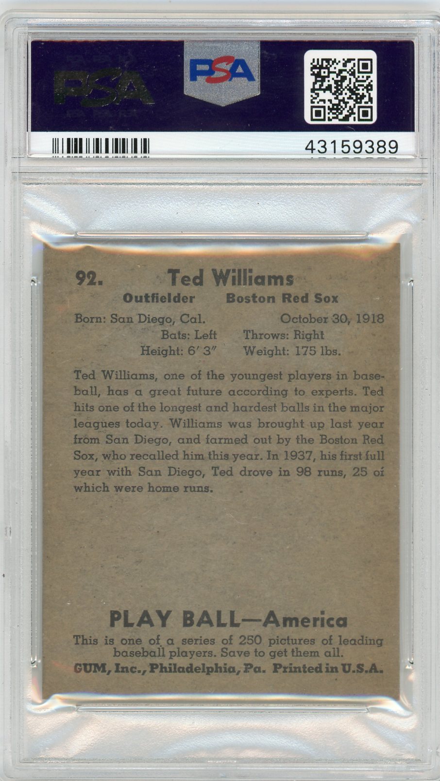 1939 Play Ball Ted Williams #92 PSA 7