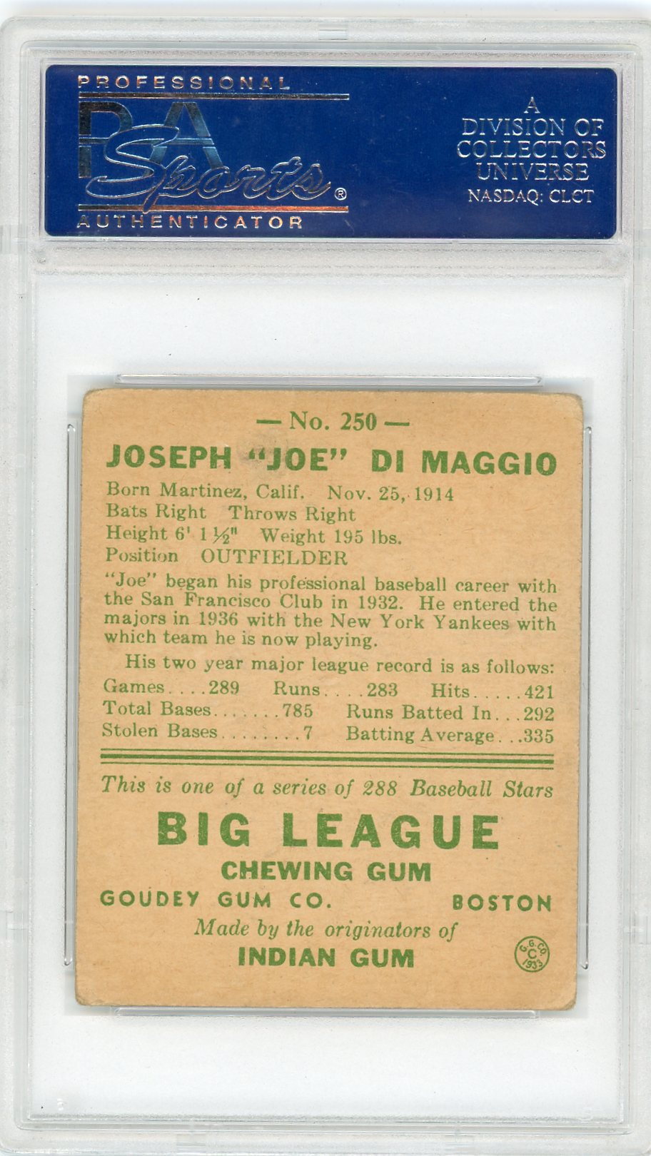 1938 Goudey Joe Dimaggio #250 PSA 2