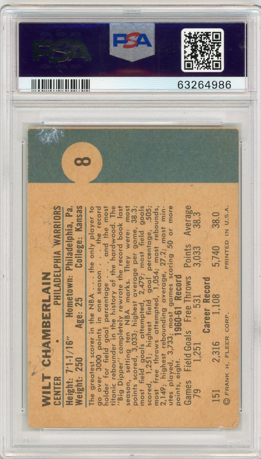 1961 Fleer Wilt Chamberlain #8 PSA 2