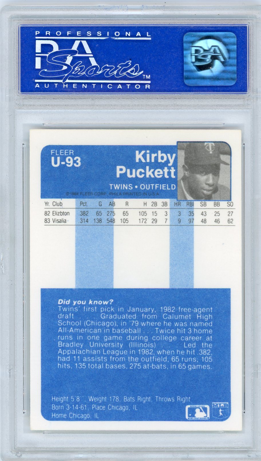 1984 Fleer Update Kirby Puckett #U-93 PSA 10
