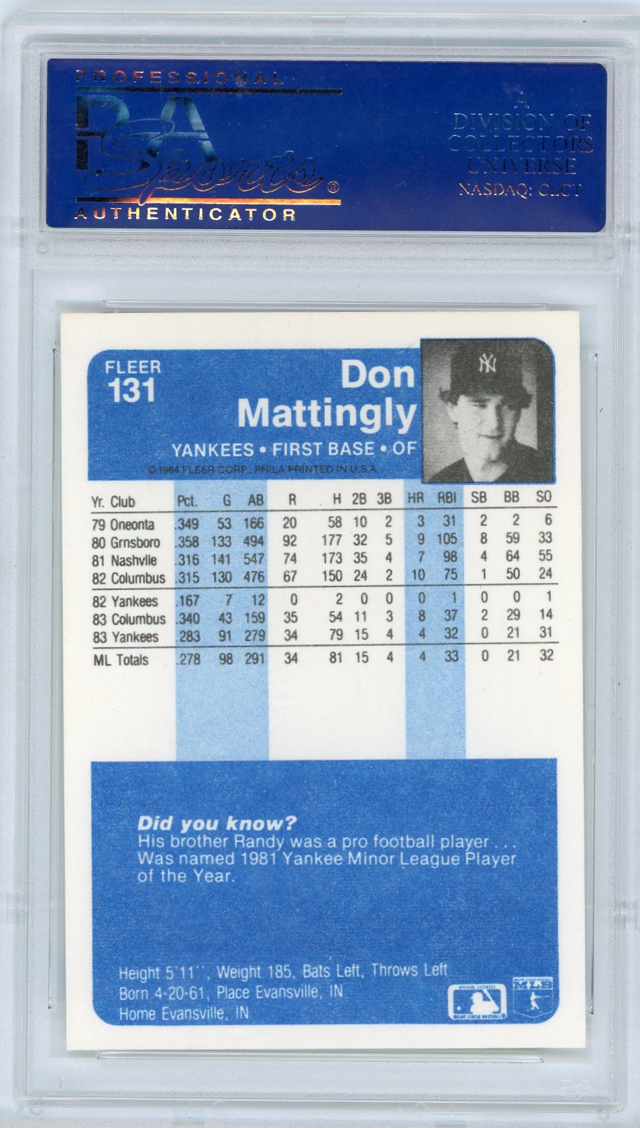 1984 Fleer Don Mattingly #131 PSA 10