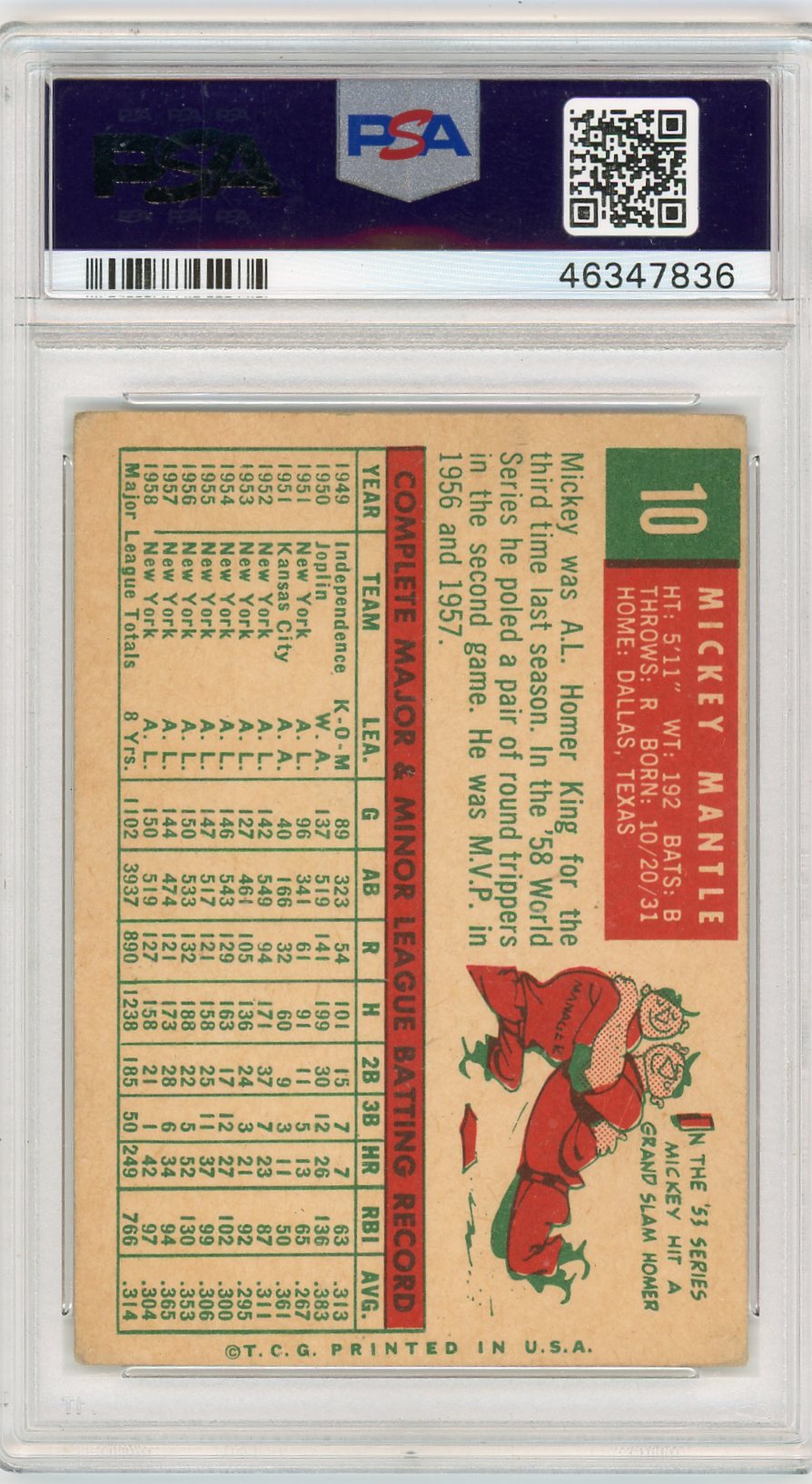 1959 Topps Mickey Mantle #10 PSA 3
