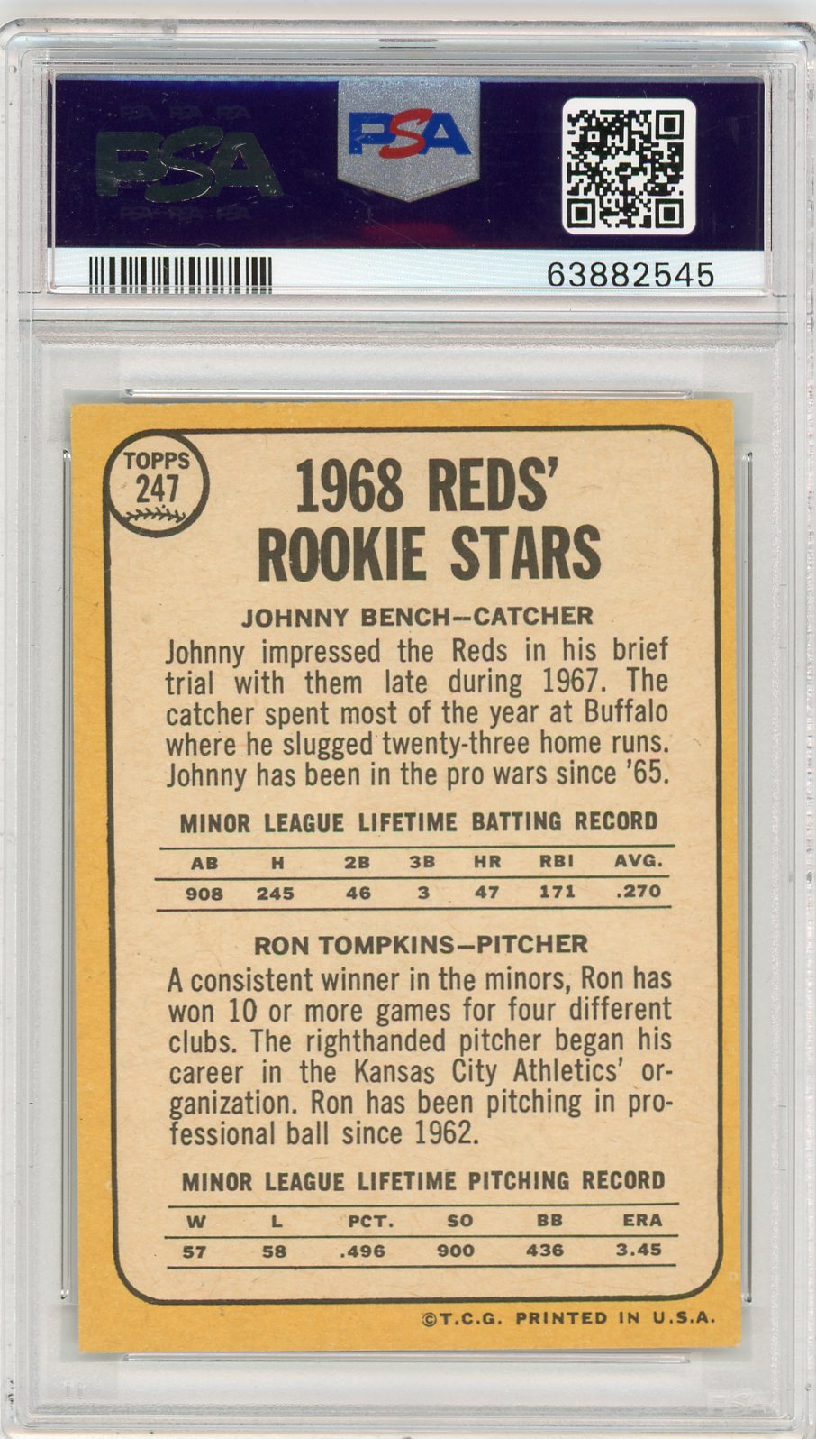 1968 Topps Reds Rookies #247 J. Bench R. Tompkins PSA 6