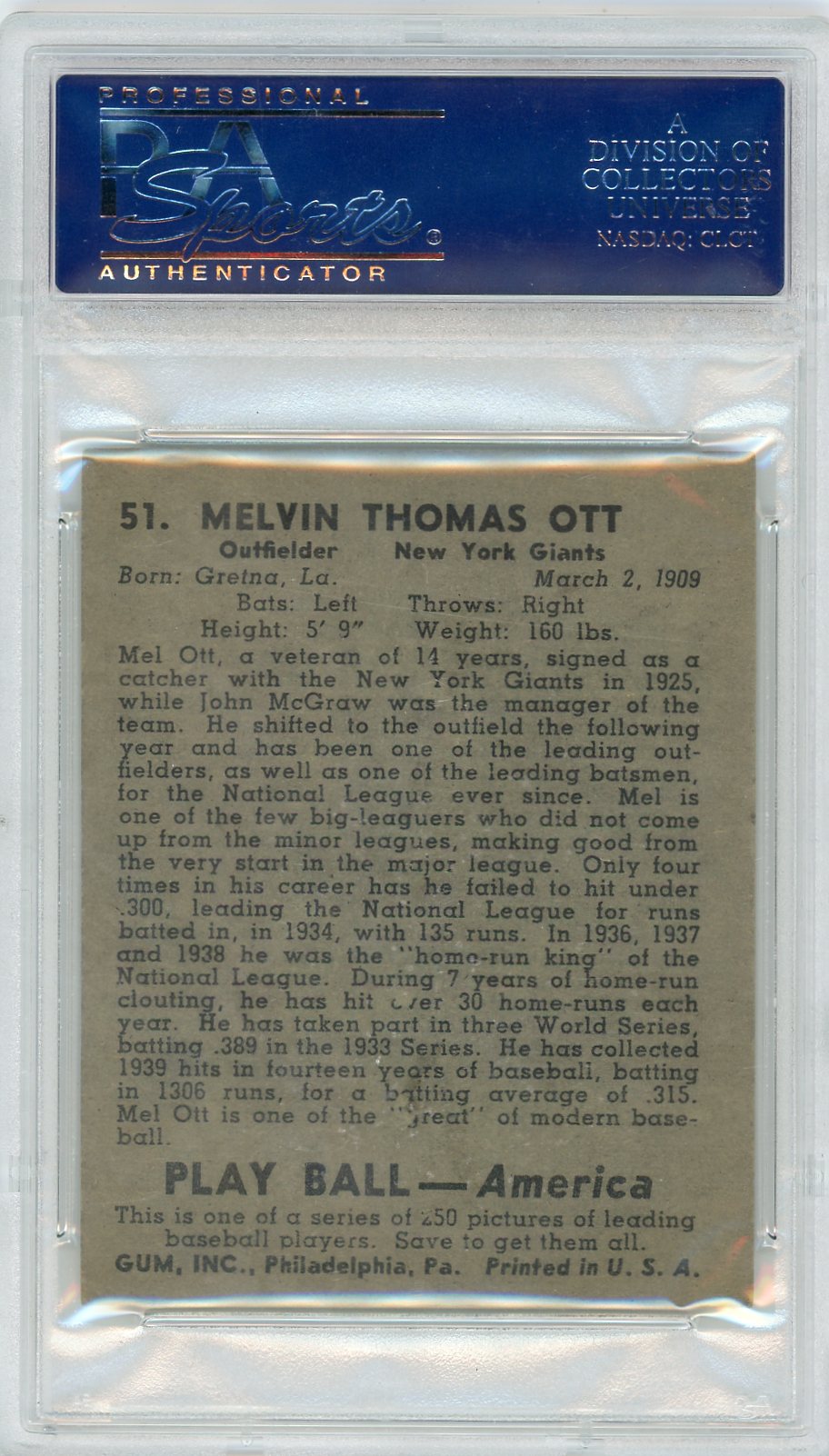 1939 Play Ball Mel Ott #51 PSA 6