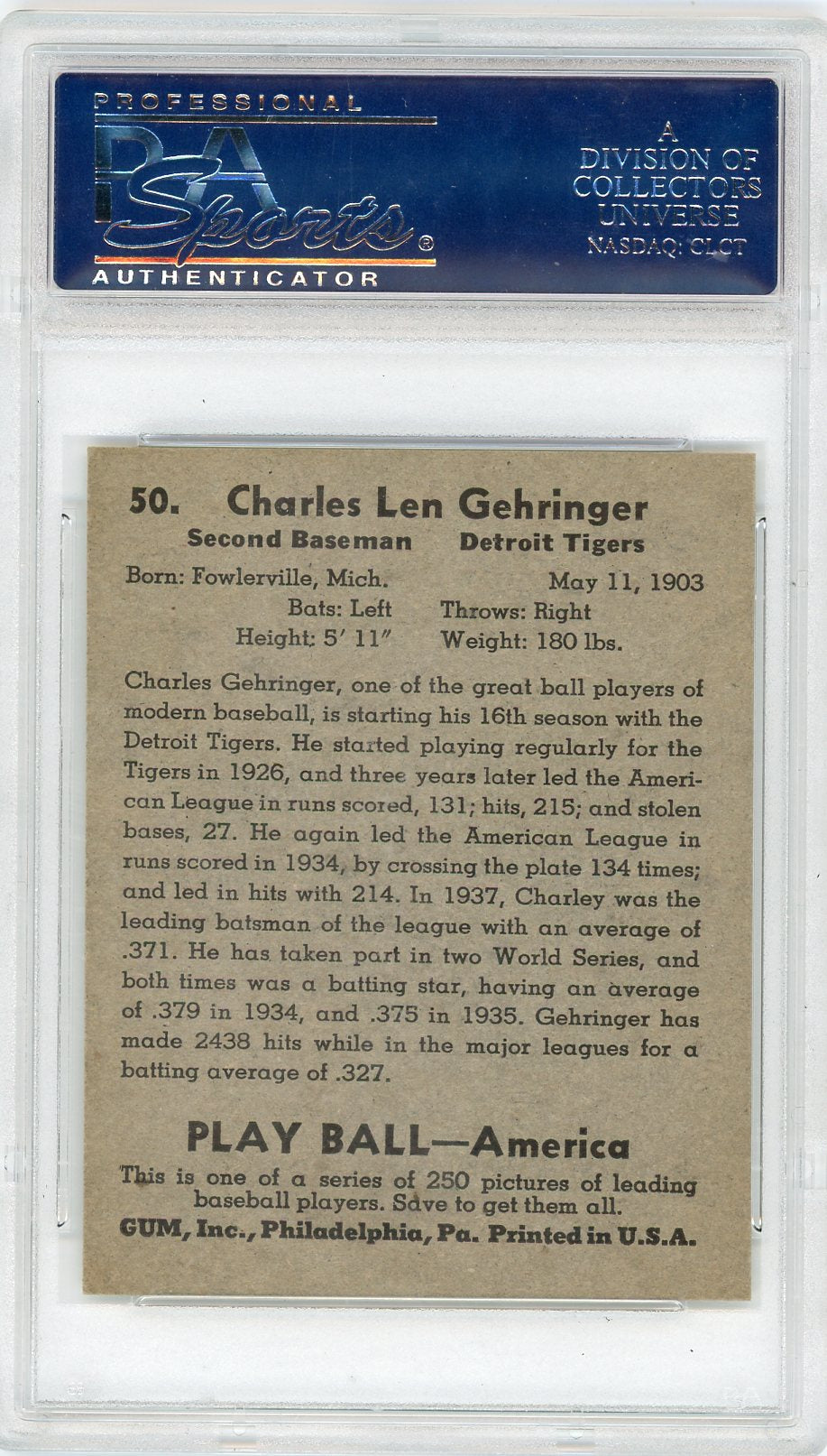 1939 Play Ball Charles Gehringer #50 PSA 7.5