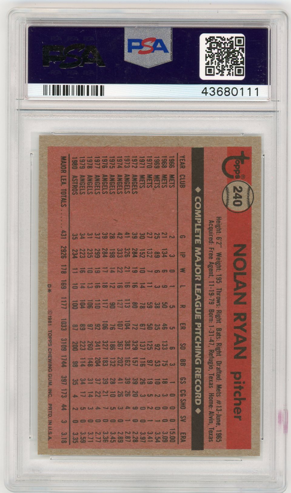 1981 Topps Nolan Ryan #240 PSA 9