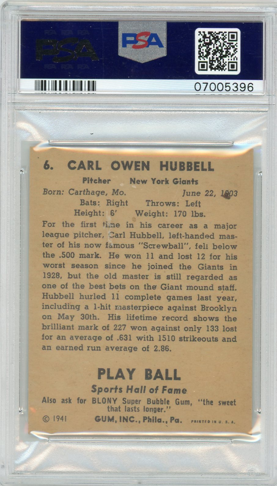 1941 Play Ball Carl Hubbell #6 PSA 6