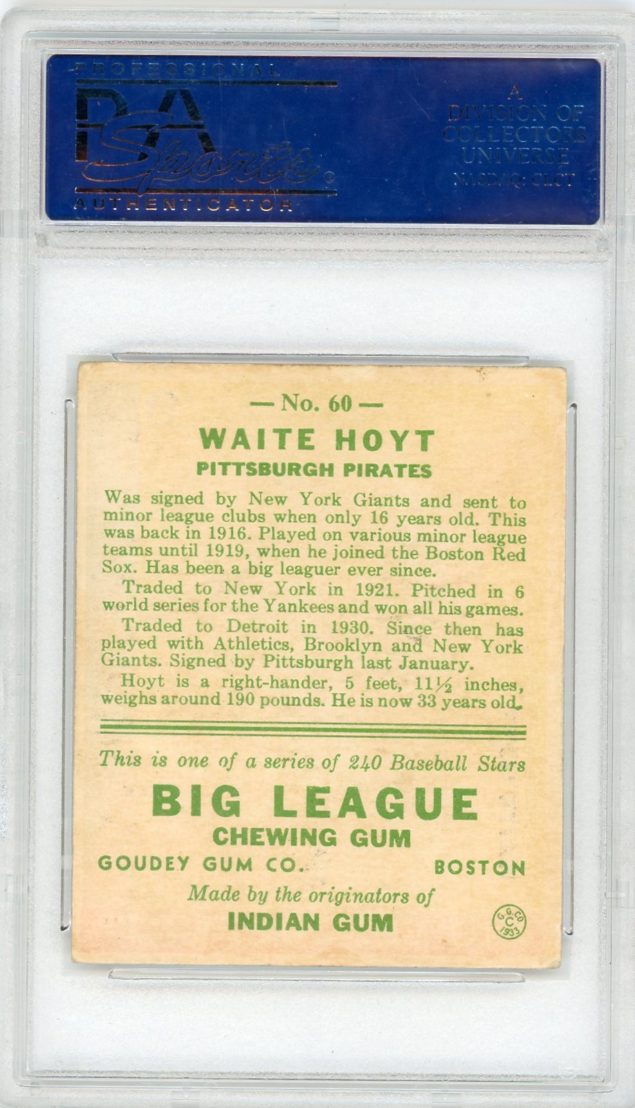 1933 Goudey Waite Hoyt #60 PSA 4