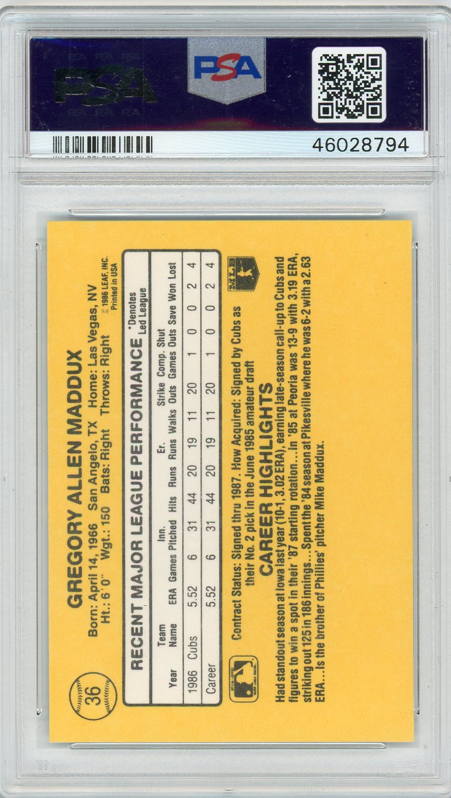 1987 Donruss Greg Maddux #36 PSA 10