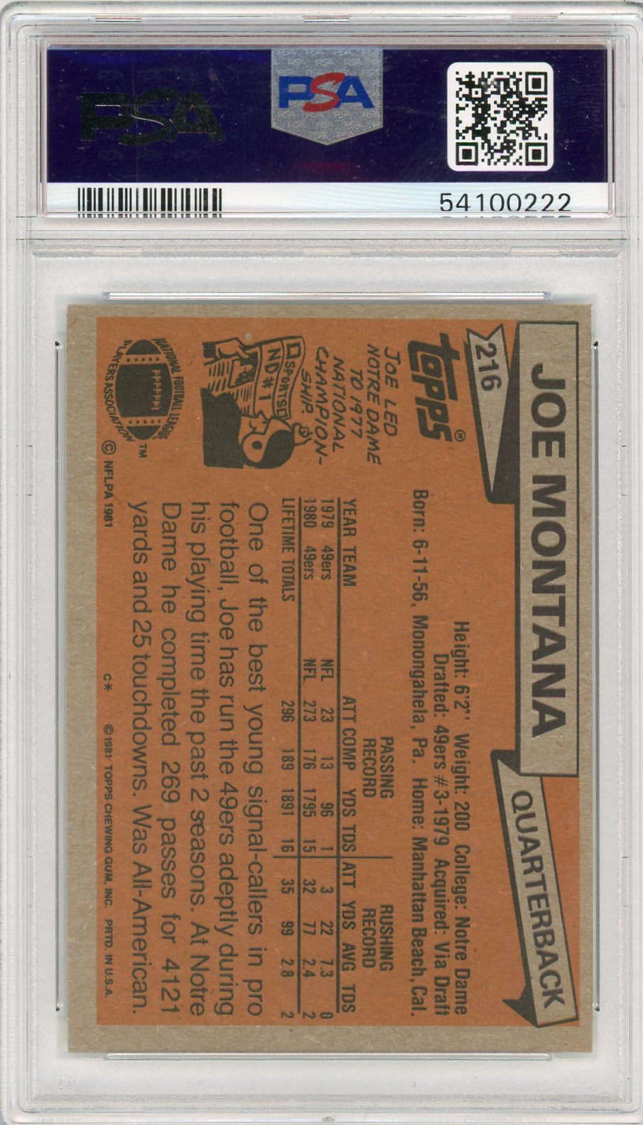 1981 Topps Joe Montana #216 PSA 8