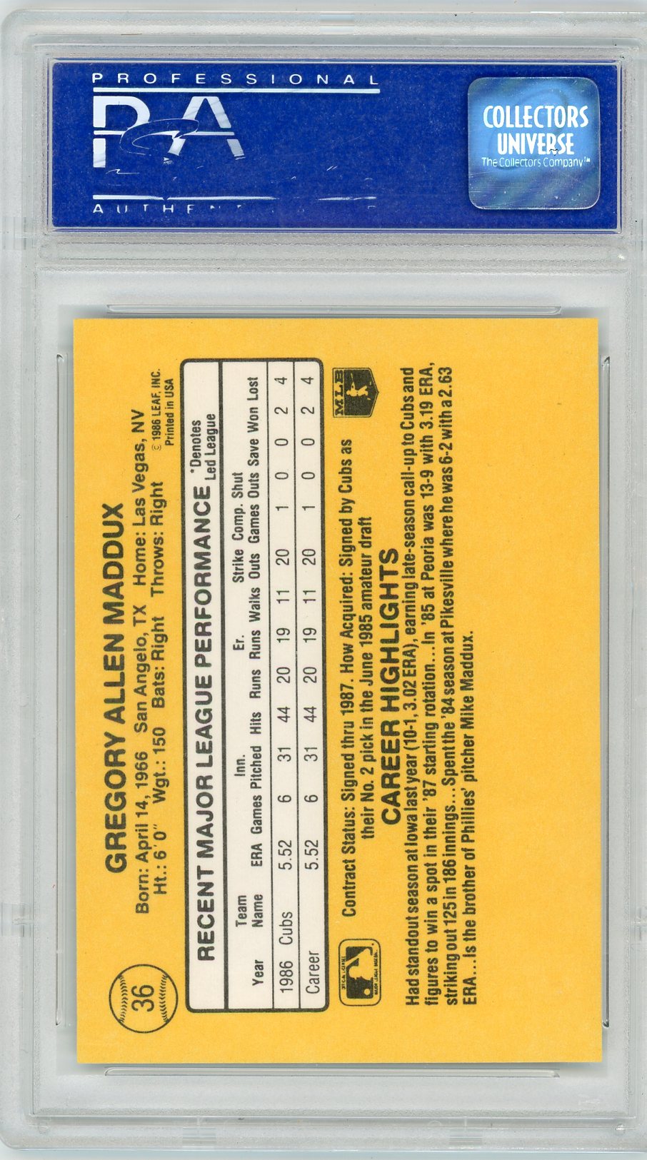1987 Donruss Greg Maddux #36 PSA 10